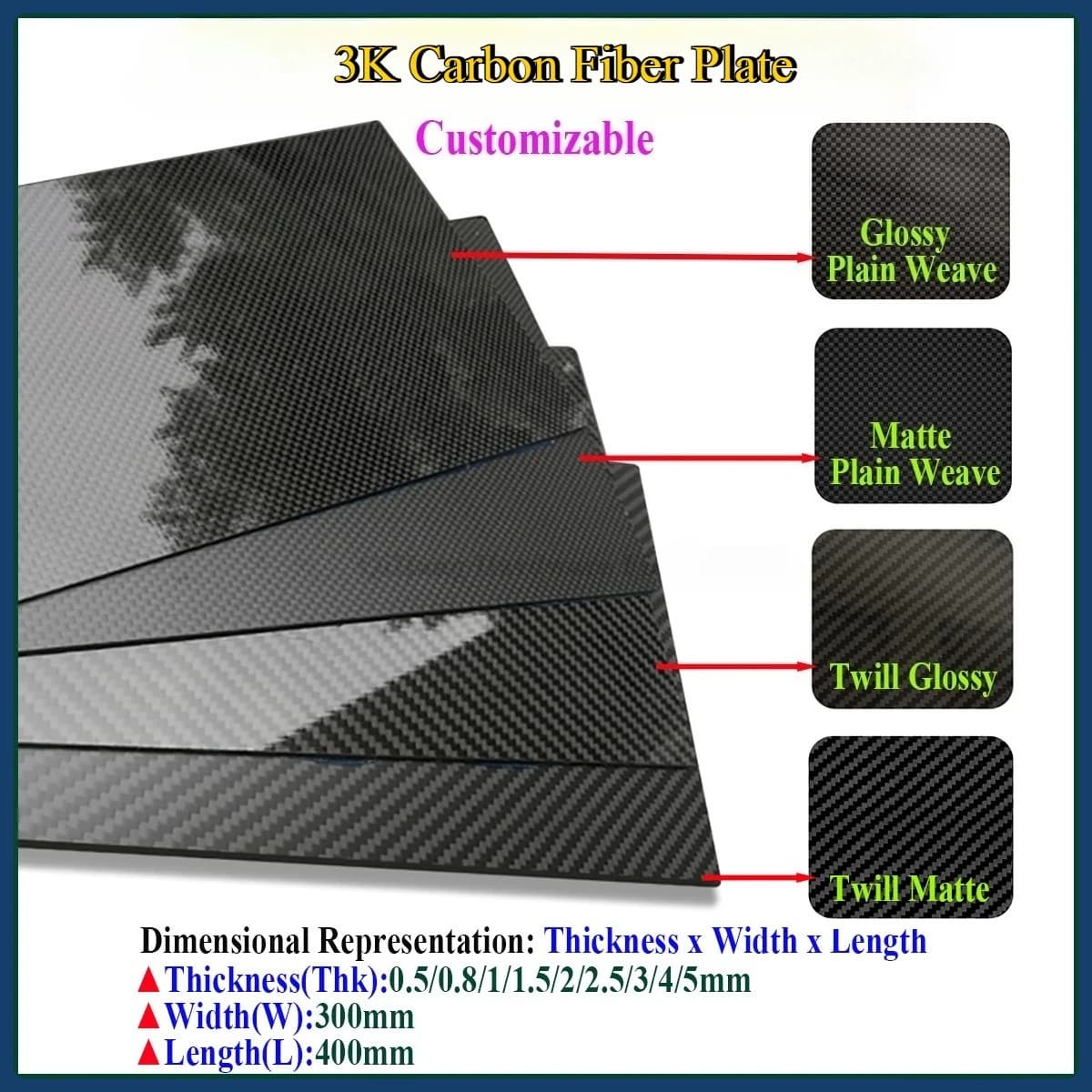 3K Carbon Fiber Plate Sheet High Strength CFRP Panel for Automotive Parts Thickness0.5/1.0/1.5/2/2.5/3/4/5/6mm 300x400mm