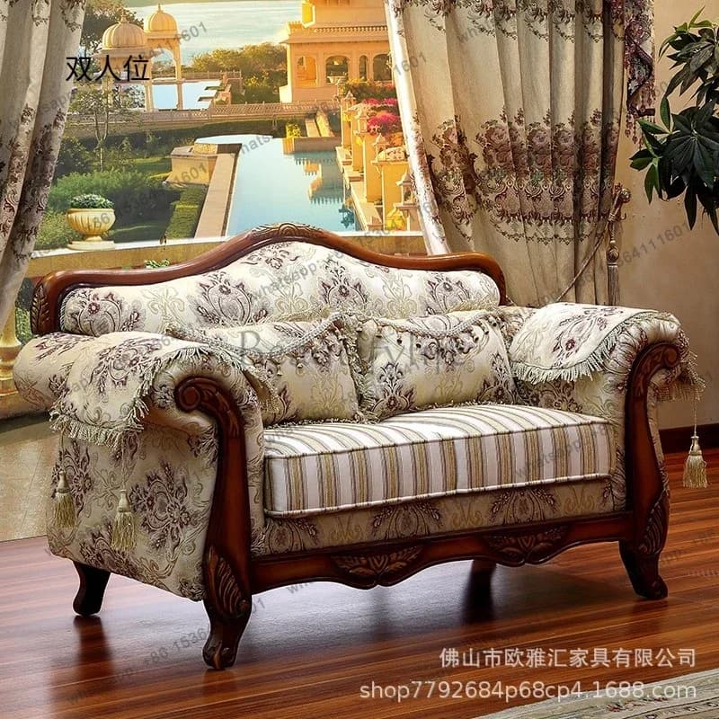 D38 Fabric Sofa Living Room Full Set Solid Wood Carved Double Small Apartment Simple Three-Seater Sofa