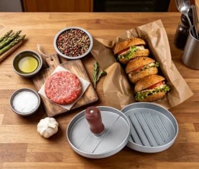 Manual circular meat patty press, kitchen burger tool