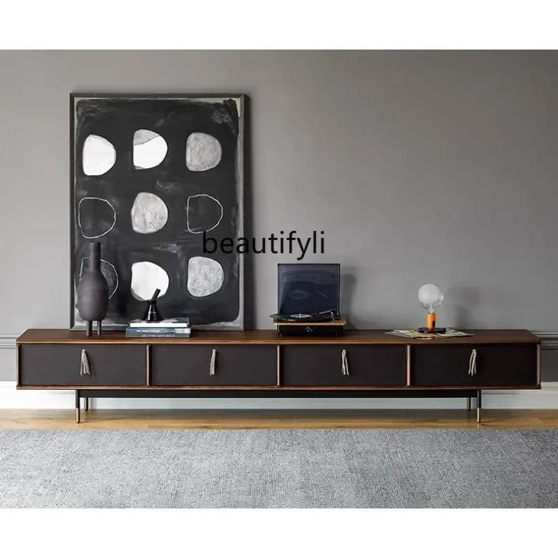 Italian Minimalist Solid Wood TV Cabinet Living Room Silent Wind Walnut Audiovisual Cabinet