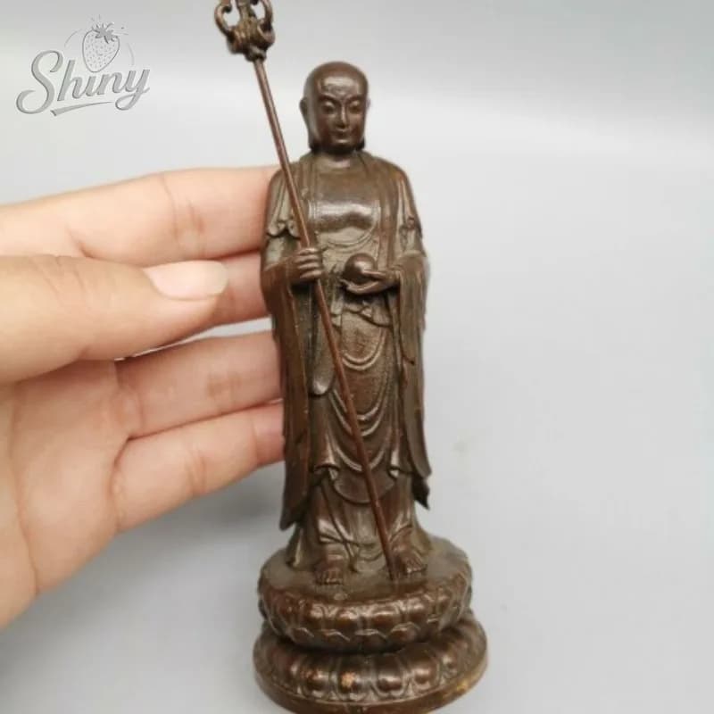 Antique Purple Copper Statue of Ksitigarbha and Tang Sanzang Standing on A Lotus Flower, Copper Artwork Ornament