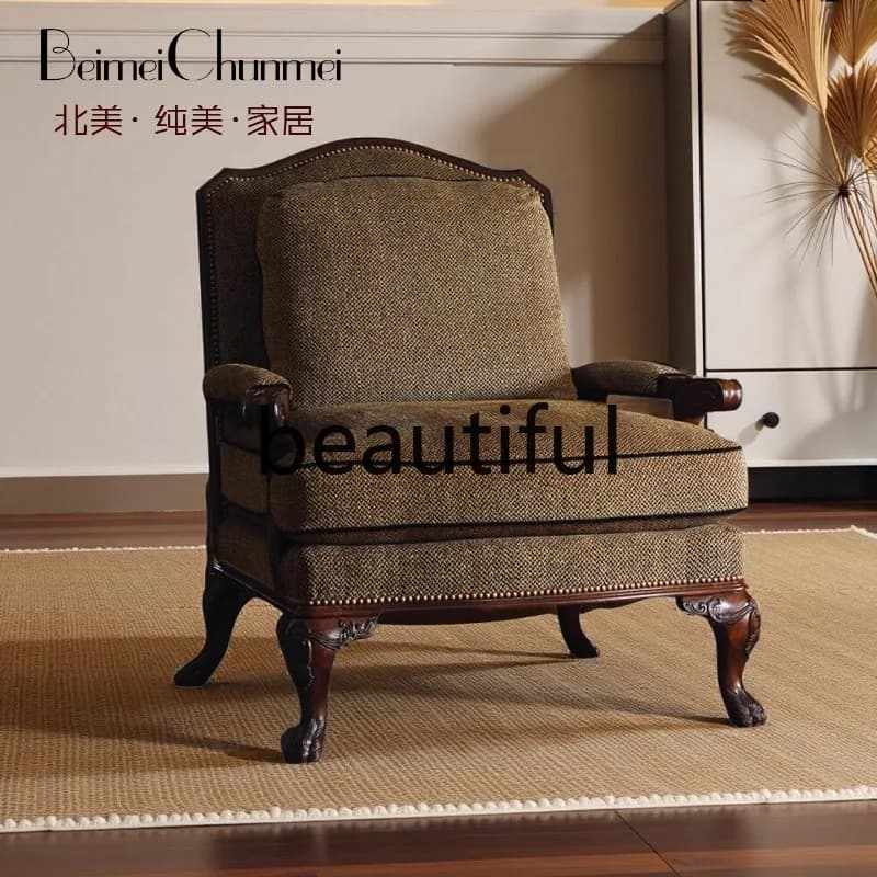 American country retro single sofa chair, solid wood carving flower balcony leisure chair