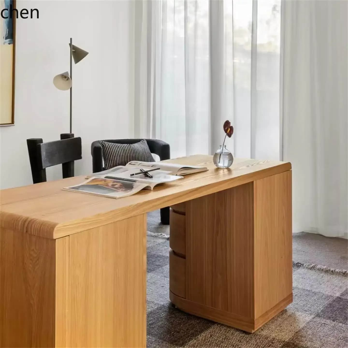 YY- Vintage Style Solid Wood Dressing Table, Natural Wood Workbench, Storage Cabinet, Makeup Table