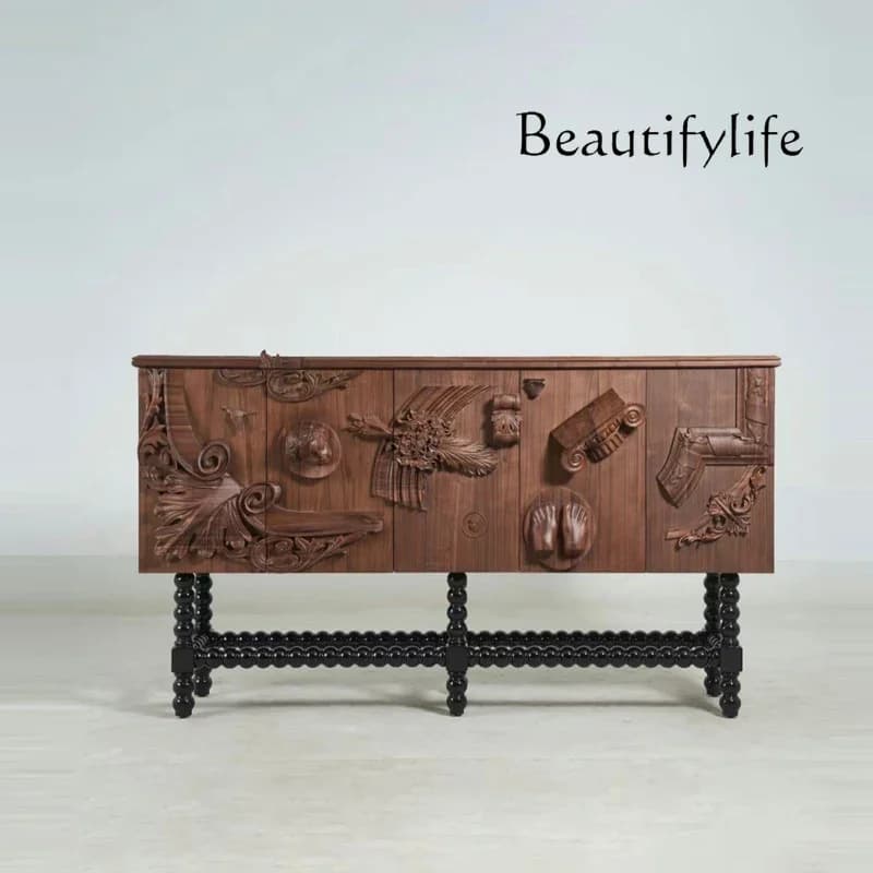 Retro solid wood carving flower side cabinet antique relief locker home foyer porch cabinet storage
