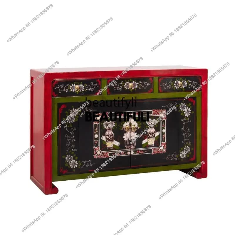 ss8350 Chinese elm furniture painted dining side cabinet solid wood entrance, Chinese retro locker antique code