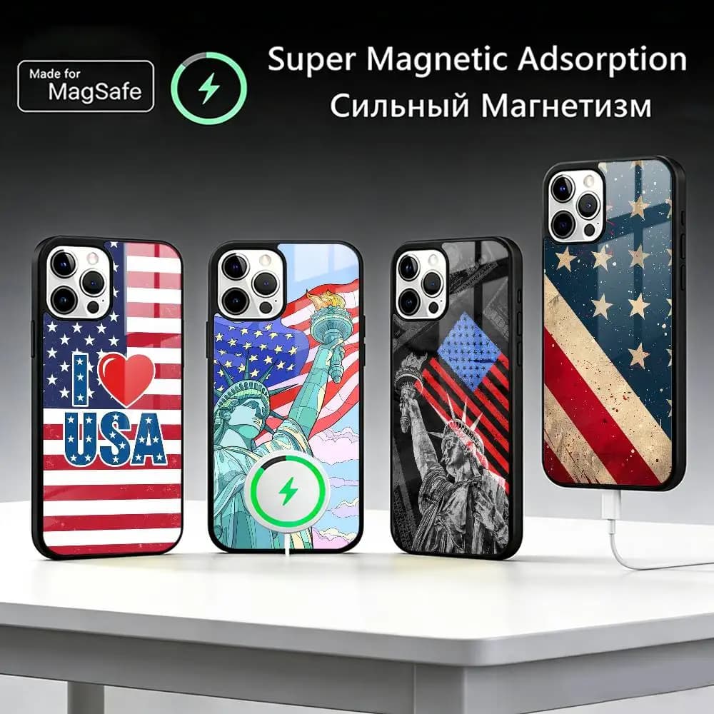 America USA Flag S-Statue L-Liberty Phone Case For iPhone17,16,15,14,13,12,11 Plus,Pro Max For Magsafe Wireless Charging