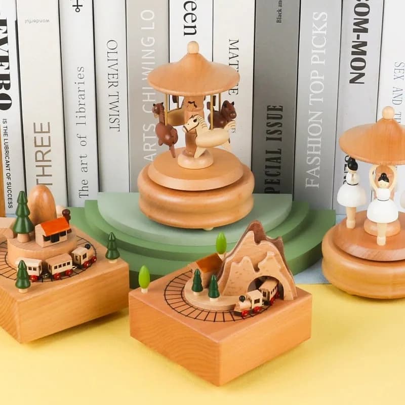 Carousel Music Box Wooden Christmas Ornament Rotary Train Musical Box Home Decoration For Birthday Valentine' s Gifts