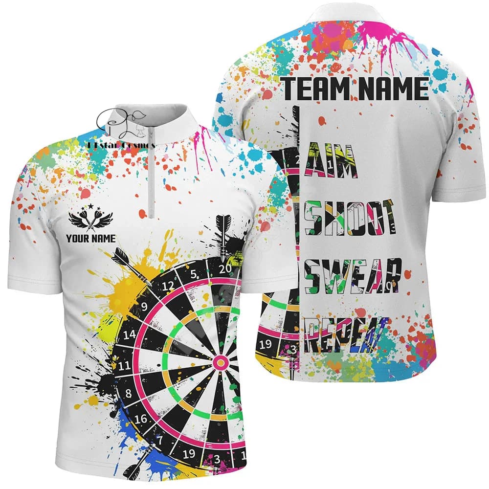 Custom Name Darts Camo Vintage Flame Graffiti Tattoo Retro 3DPrint Harajuku Summer Funny Short Sleeves Zip Polo Shirts Jersey A7