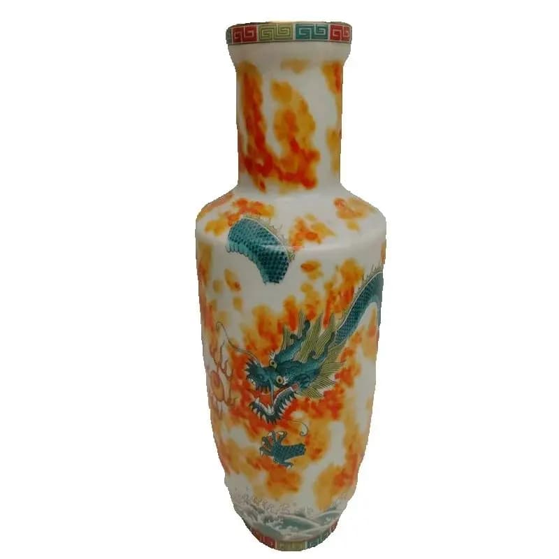 Traditional Chinese Old Porcelain Vase Enamel Green Fire Dragon Pattern Artwork Collectible Antique Asian Decor