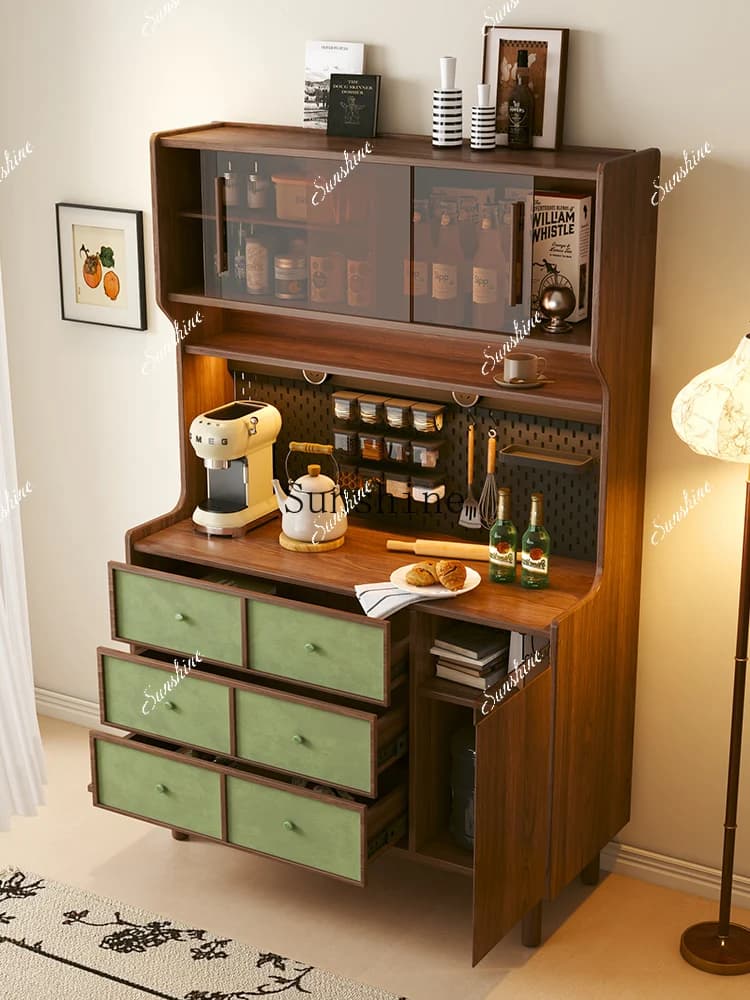 Medieval wall integrated small apartment living room walnut color storage high cabinet  FT