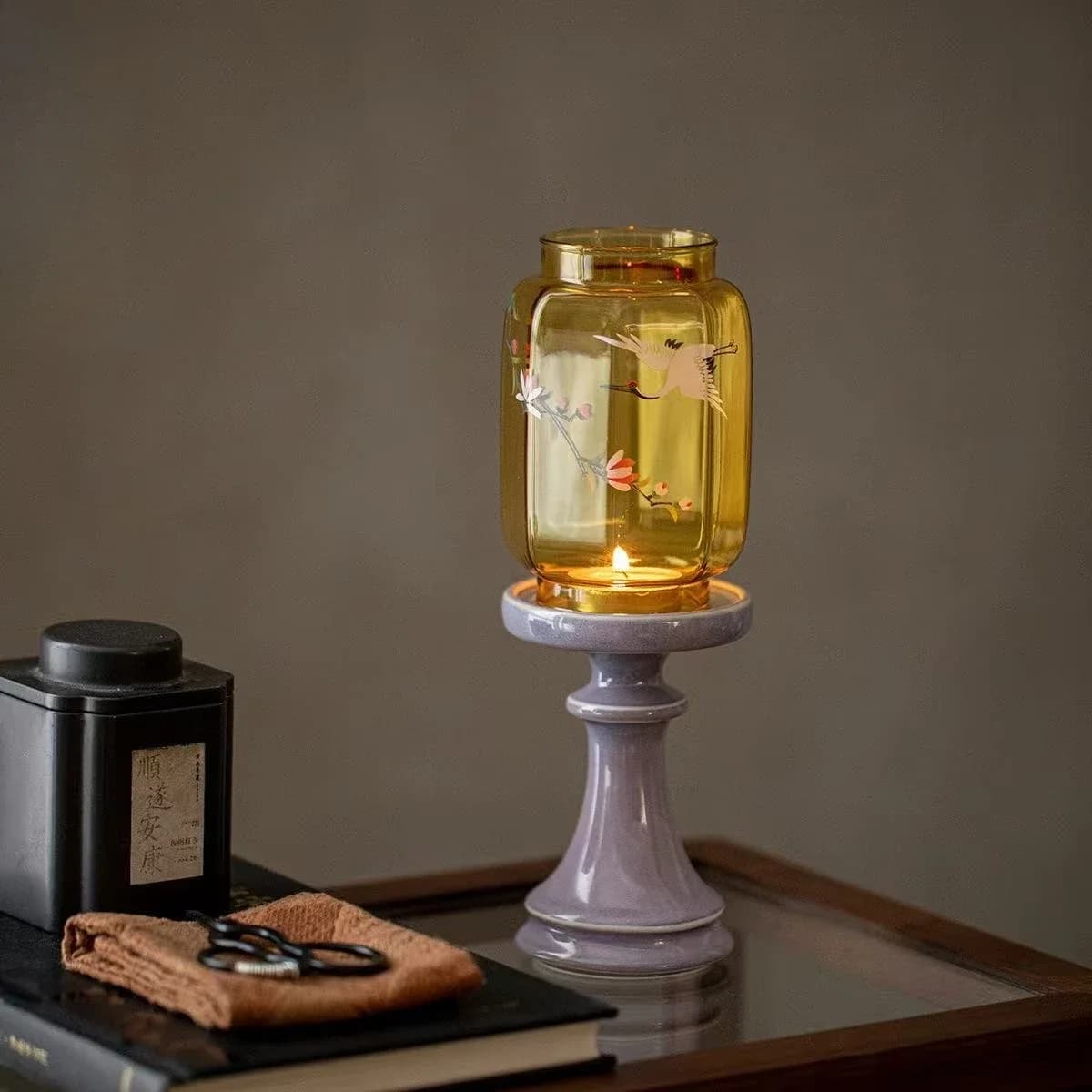 1Pcs New Chinese Crane Glass Candle Holder Tea Ceremony Accessories Tea Room Atmosphere Light Scented Candle High Value Ornament