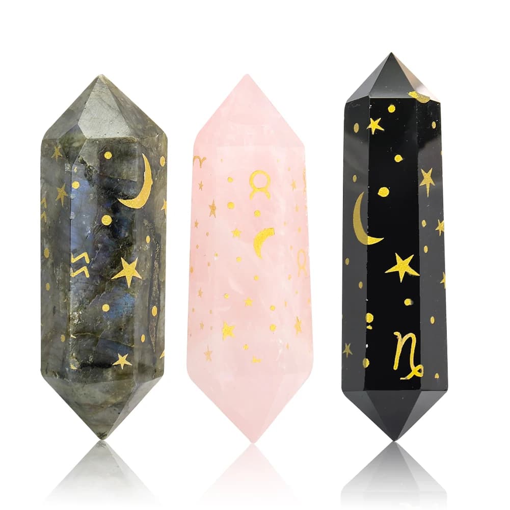 Painting Arab Ramadan Moon Star Pentagram Pink Crystal Obsidian Double Pointed Hexagonal Prism Specimen Energy Paperweight Decor