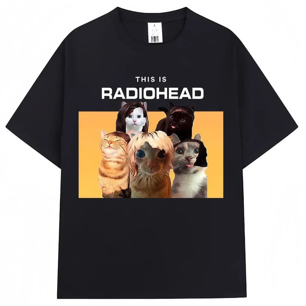 Funny Cute Cat Parody T-Shirt "This Is Radiohead" Meme Design Casual Tee Unisex Korean Style Versatile Balck and White