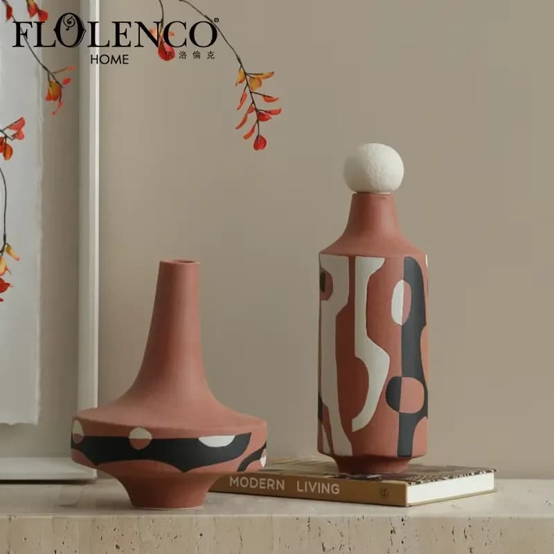 For Flolenco 2025 Tabletop Ceramic Vase New Design Home Decor Multi-functional Abstract Pattern with White Ball Art Deco
