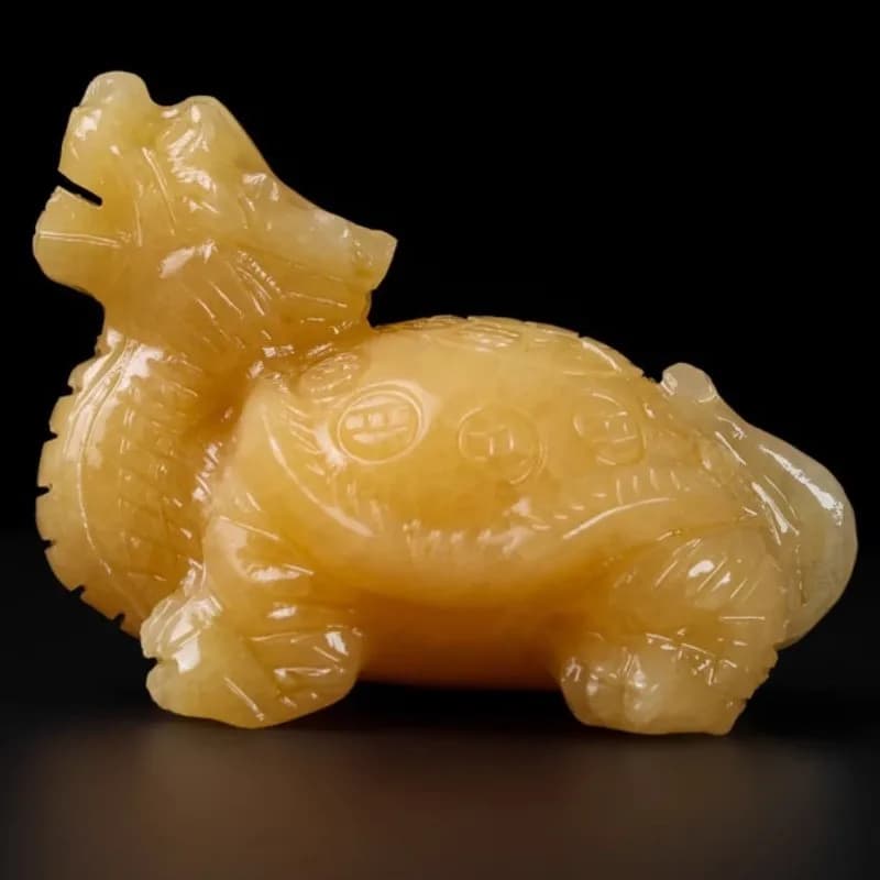 Beige Jadeite Ornament, Exquisitely Carved Yellow Jade Dragon Turtle for Office, Living Room, Entryway, Shop, Gift
