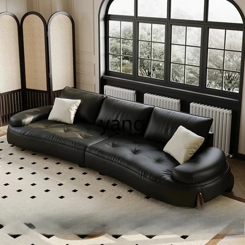 LMM  French retro cream style leather sofa home living room modern minimalist black sofa