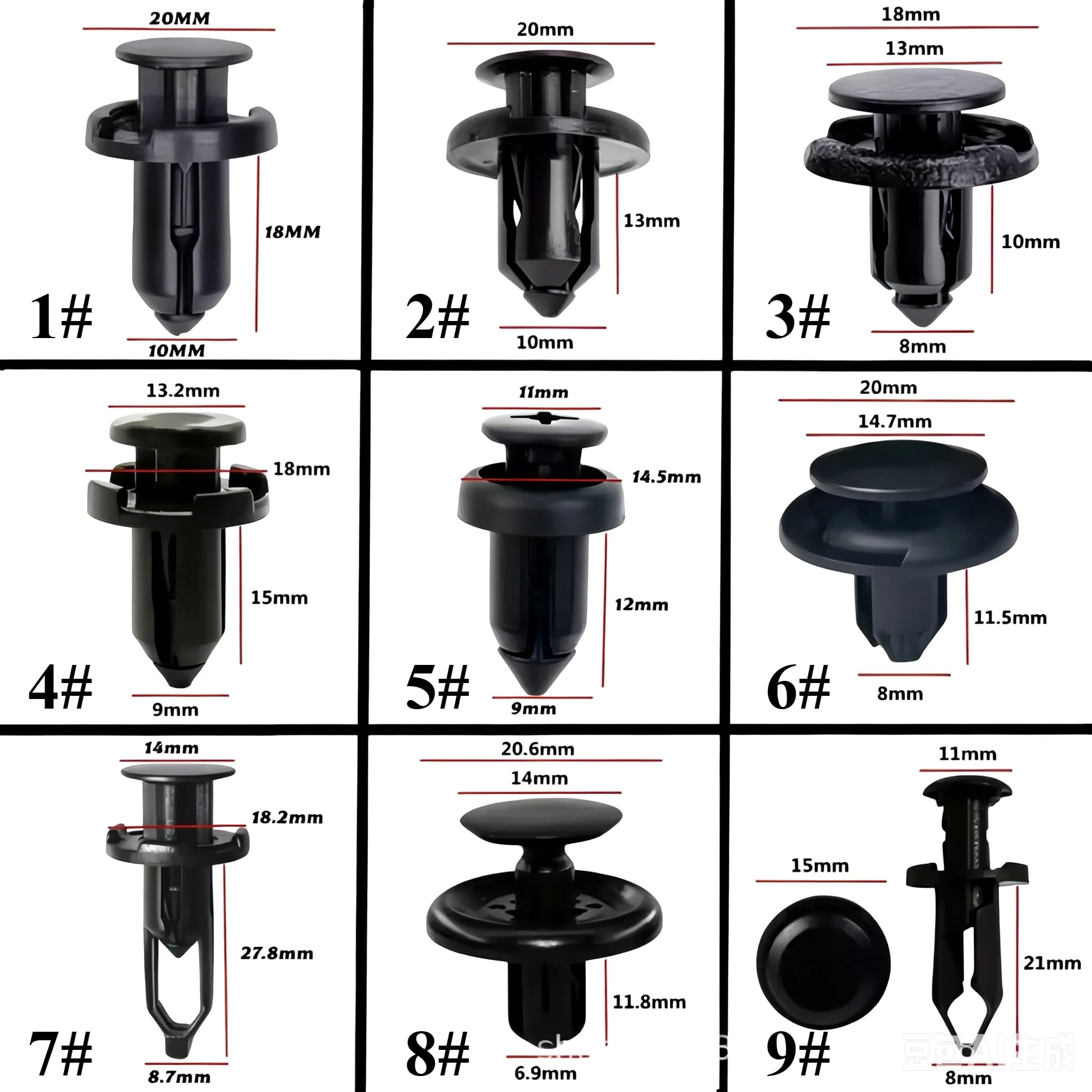 Car bumper clips, plastic fasteners suitable for door trim panels and fenders, fitting hole diameters of 7 mm, 8 mm, 9 mm and 10