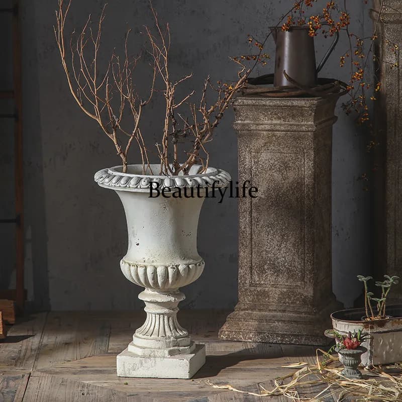 Retro floor-to-ceiling vase, old carving art, flower pot ornament, wedding arrangement, window display jewelry