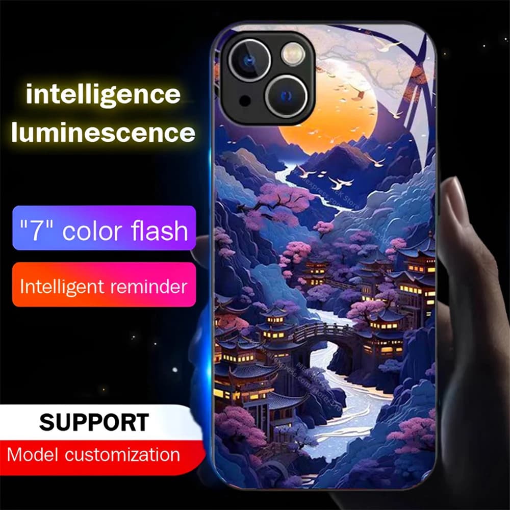 Japanese Countryside Smart LED Light Glow Tempered Glass Phone Case For iPhone Air 17 16 E 15 14 13 12 11 Pro Max X XS XR Plus