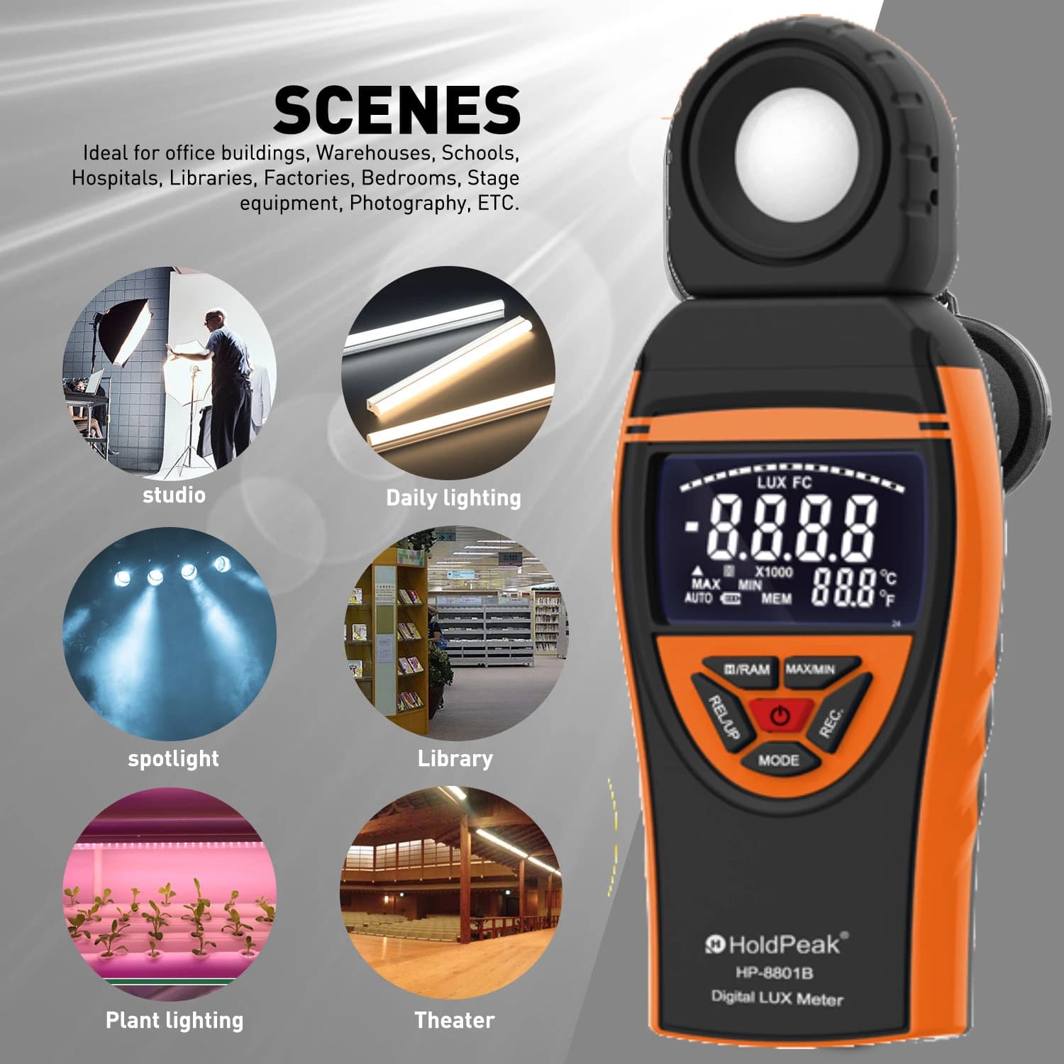Digital Illuminance Meter, High Accuracy and Fast Response, Light Detector: Used for Light Detection, LCD Display, 1-400,000 Lux