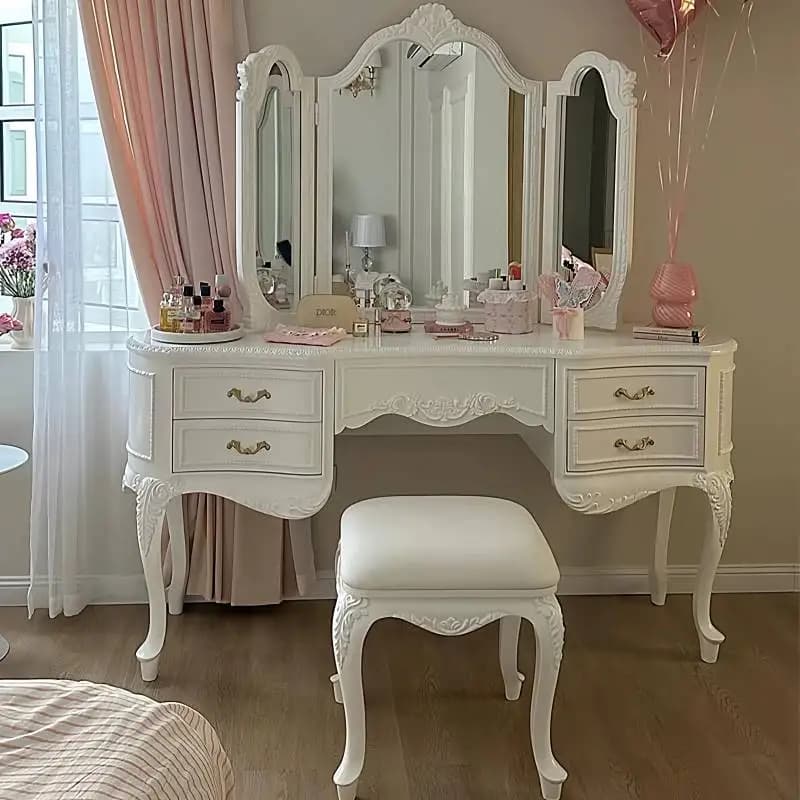 White Solid Wood Vanity Desk Vintage Storage Space Compact Adult Vanity Desk Lounges Jewelry Coiffeuse Chambre Bedroom Furniture