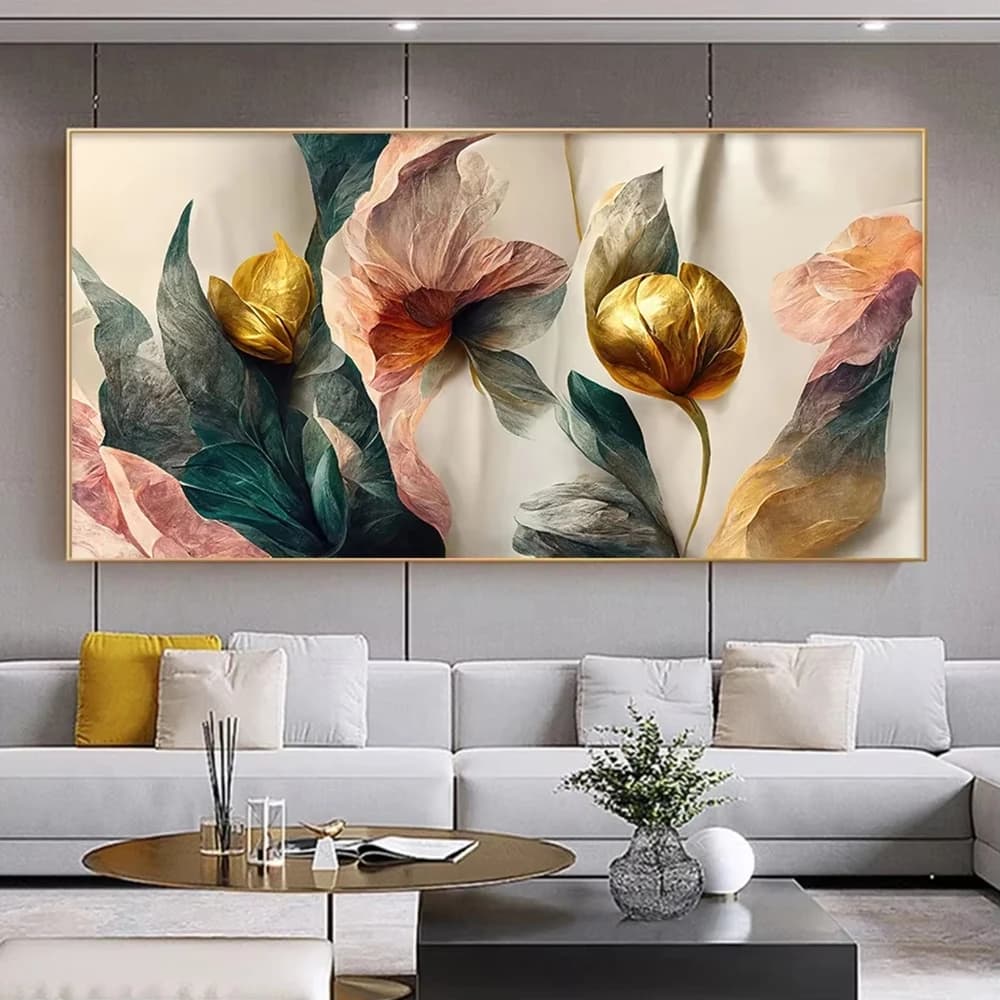 Modern Gold Green Pink Flowers Posters and Prints Luxury Wall Art Abstract Gold Floral Canvas Painting Pictures Interior Decor
