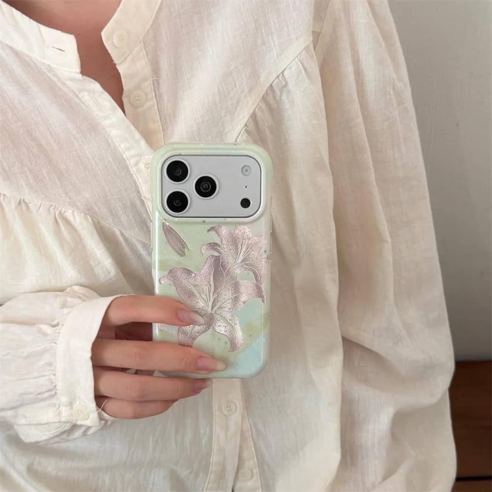 Glitter Pastel Green Lily Flower Phone Case For iPhone 17 16 15 Pro Max Vintage Floral Hard PC Shockproof Anti‑Drop Cover Girls