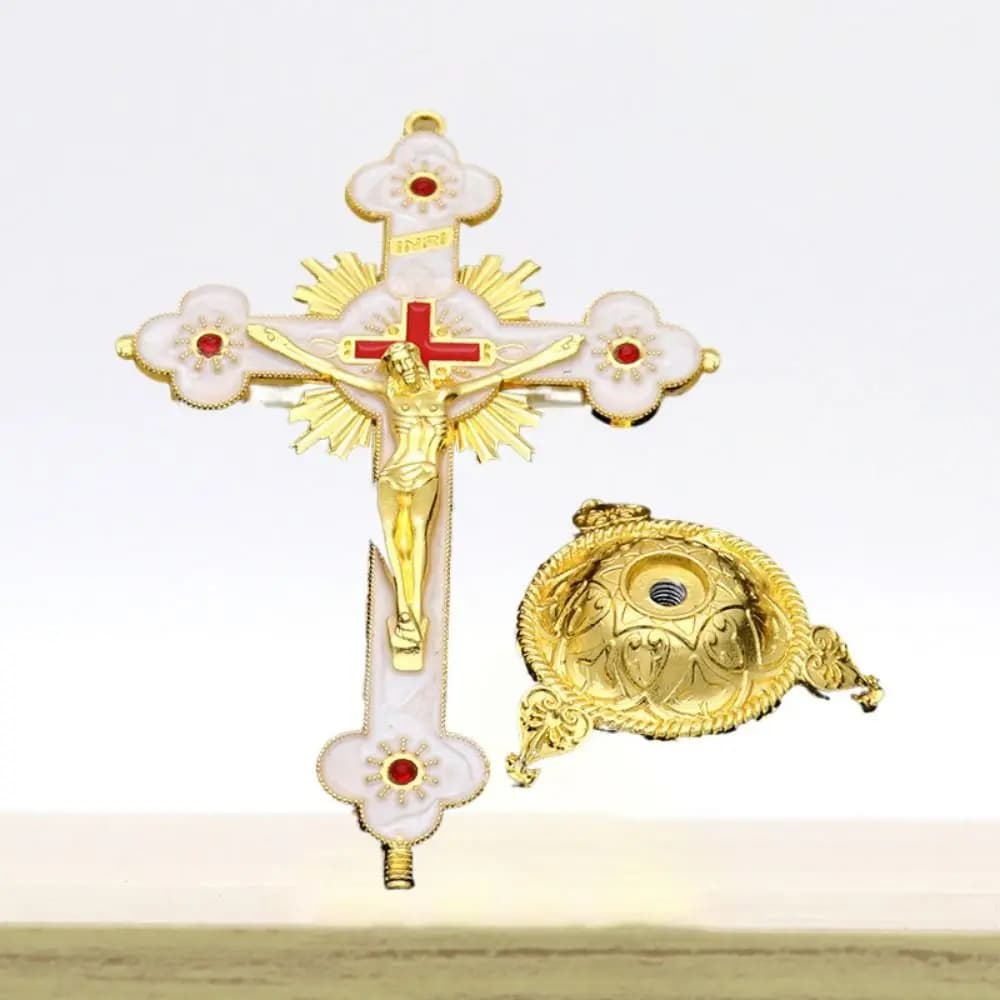 Exquisite With Stand Church Cross Ornaments Handmade Durable Alloy Cross Ornaments No Fading Plated Gold Statue Car Ornaments