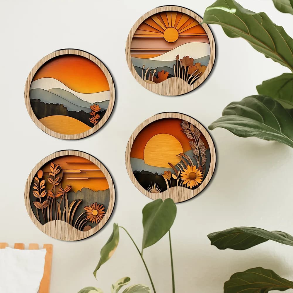 Double layer wooden landscape disc 4-piece set of murals, modern minimalist style, and wall decoration paintings