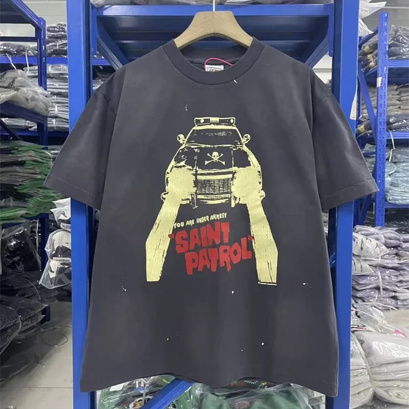Hip-Hop Men's Women's Premium Quality Saint T-Shirt Tops Streetwear Vintage Washed Black Patterned Cracked Print Cotton T Shirt