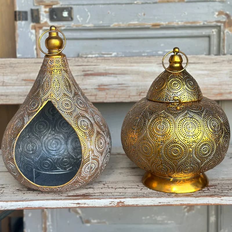 Moroccan Lantern Candle Holders, Gold Metal with Ornate Cutout Design, 43cm Height, Decorative Pedestal Base, 2PCS