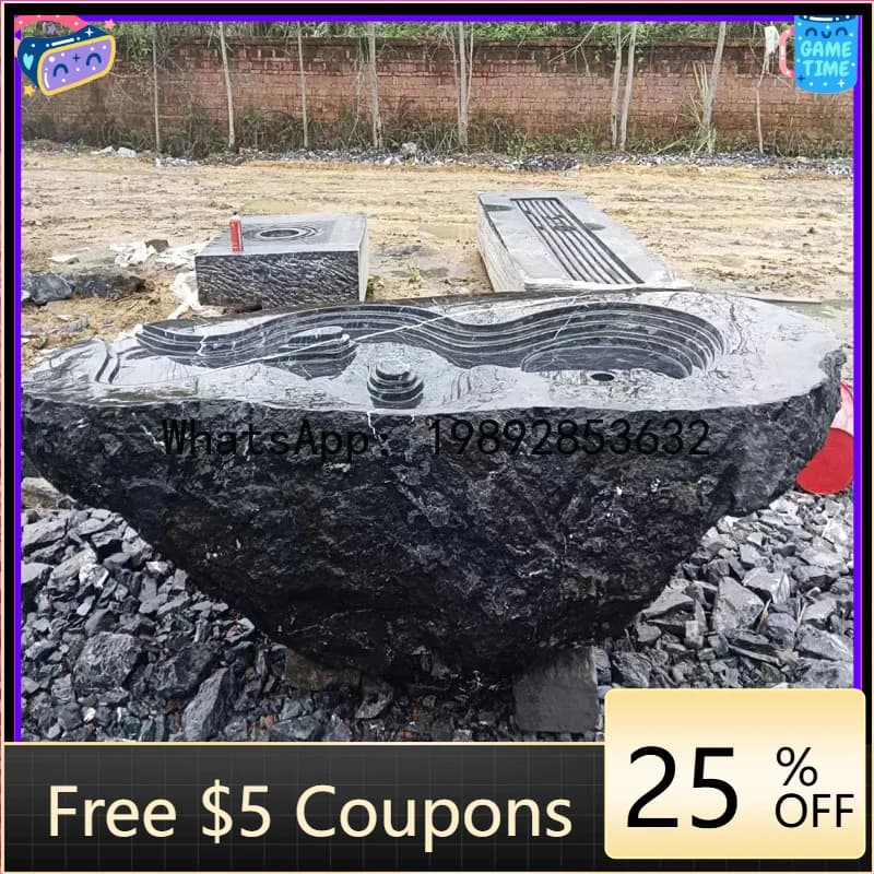 AB  Black Mountain Stone Courtyard Fountain  Sculpture Water Spray Garden Landscape Stone Bowl Irregular Water Feature