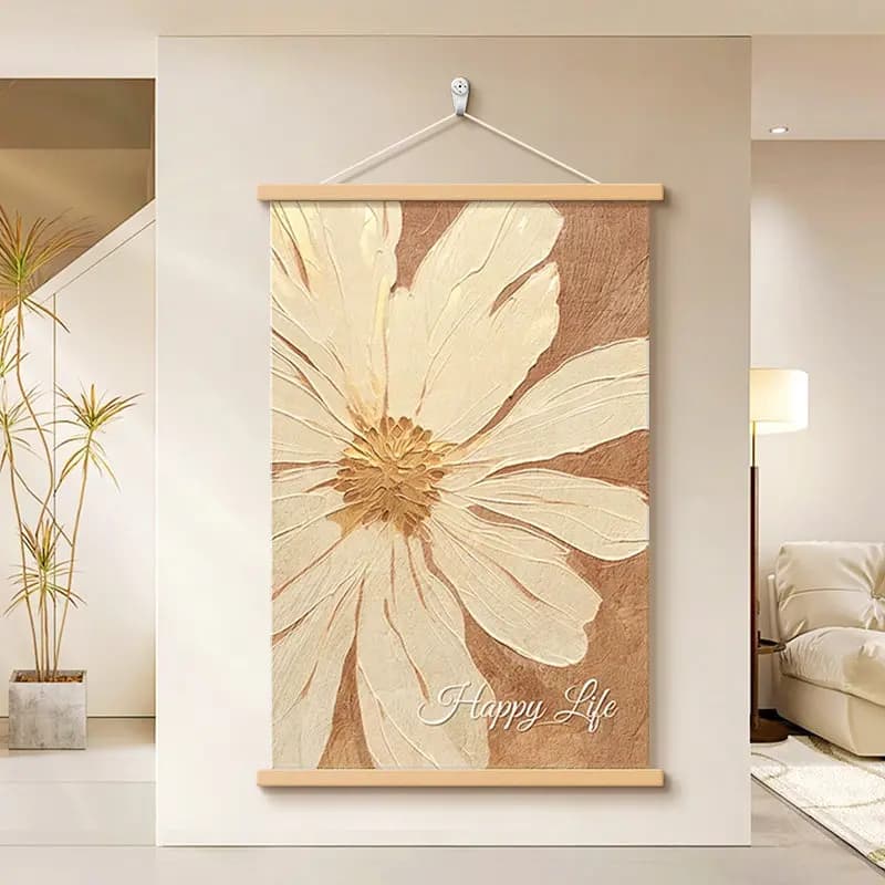 Wall Art Warm Brown Daisy Flowers Pearlescent Canvas Hanging Scroll with Wooden Rods for Living Room Dining Area Entryway