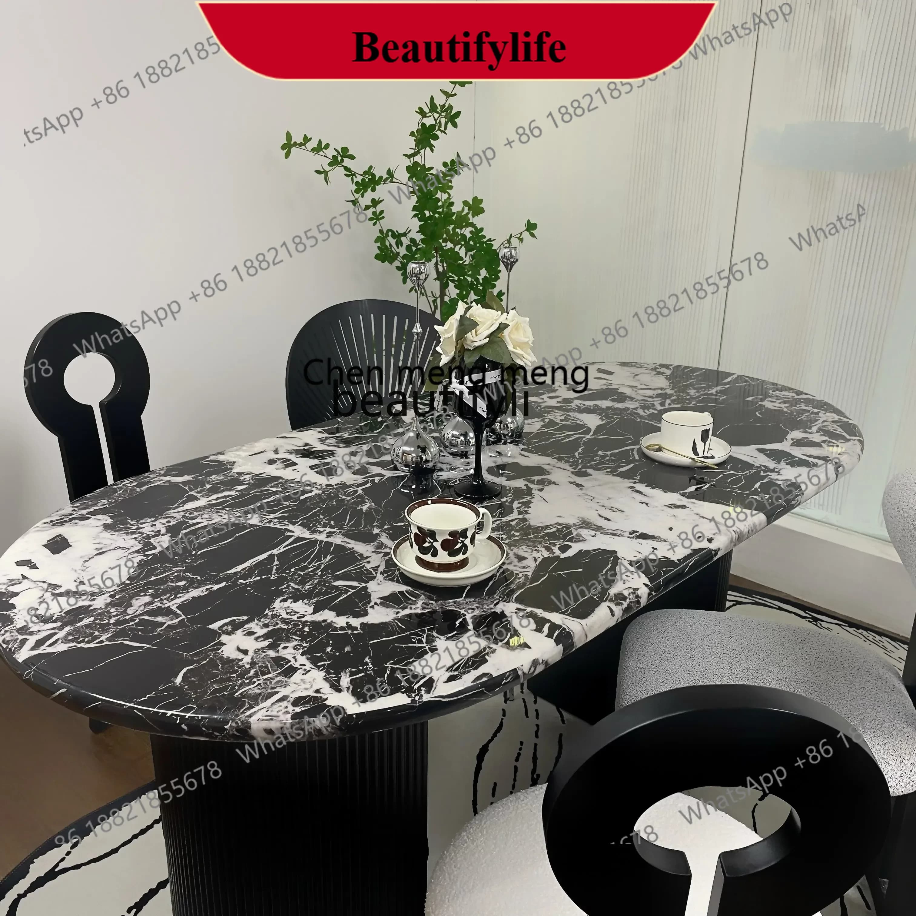 z183  French, marble dining table, black European light luxury small apartment retro medieval oval dining table