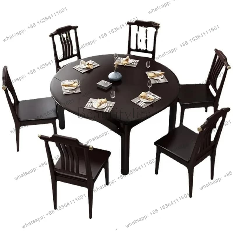 all solid wood dining table and chair combination retractable folding large and small apartment variable round table