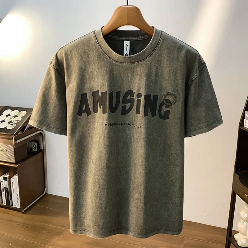 2025 Summer Loose Short sleeved T-shirt Men's Fashion Printed Elastic Round Neck American Trendy Brand Casual Top