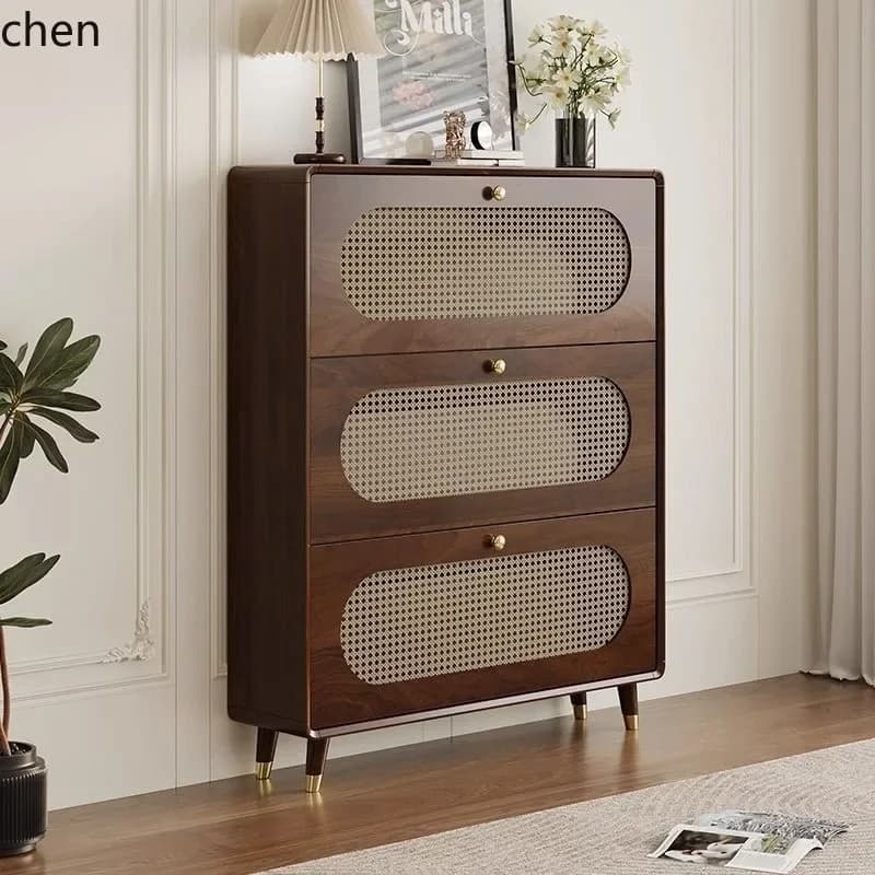 HT  Rattan Ultra-Thin Shoe Cabinet Solid Wood Simple Flip Entryway Thin Console Cabinet