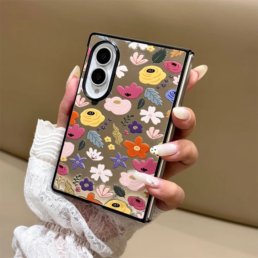 Colorful Floral Print Mirror Surface Phone Case For Samsung Galaxy Z Fold 8 Ultra Z Fold 7 6 5 4 3 Shockproof Protective Cover