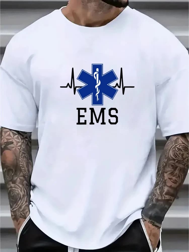 Funny EMS EMT Graphic - Emergency Medical Technician Design with Star of Life pattern-100% cotton O-neck printed men's T-shirt.