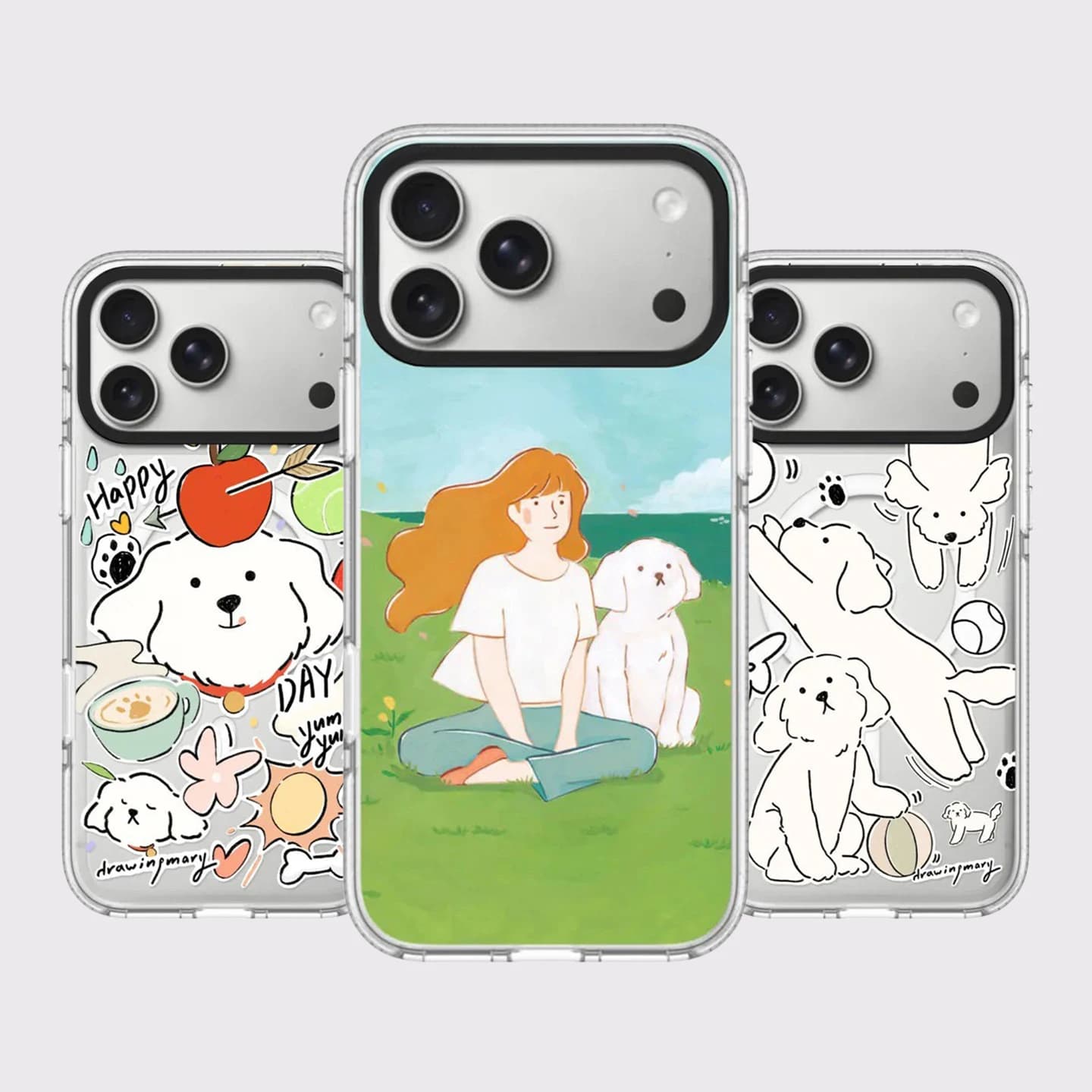 Drawing Girl Dog White Border Magnetic Impact Cover for IPhone 12 13 14 15 16 17 Pro Max Case for IPhone 17 Air