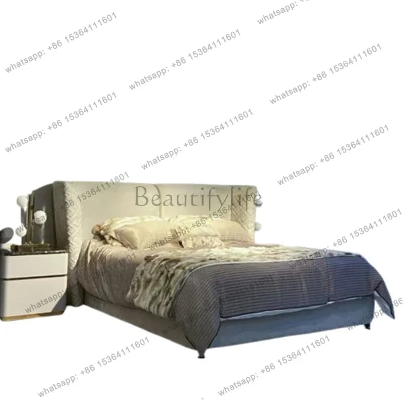 D33Aesthetics Light Luxury Bed European Genuine Leather Wedding Headboard Bed Fashionable Master Bedroom Muebles Nordic Furnitur
