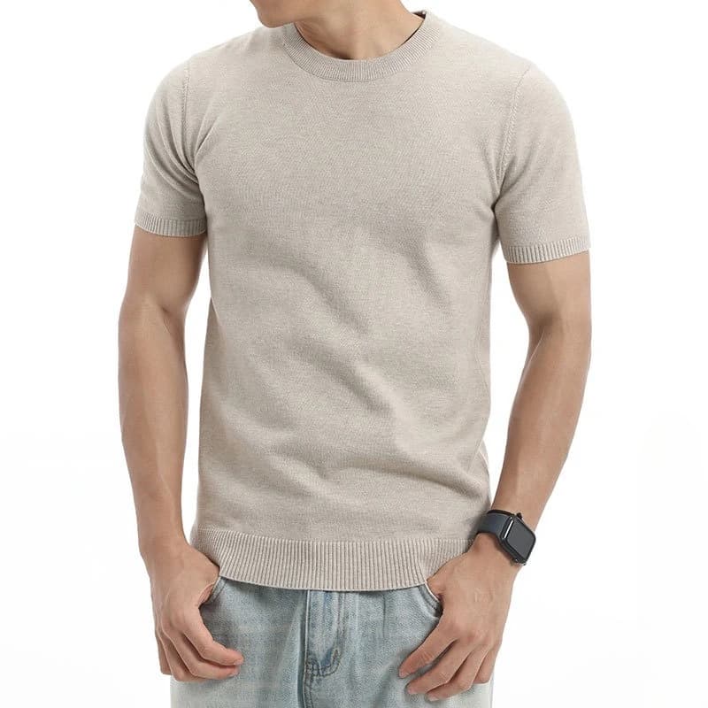 2026 Summer Men's Solid Color Knitted T-Shirt Crew Neck Short Sleeve Business Casual Slim Top