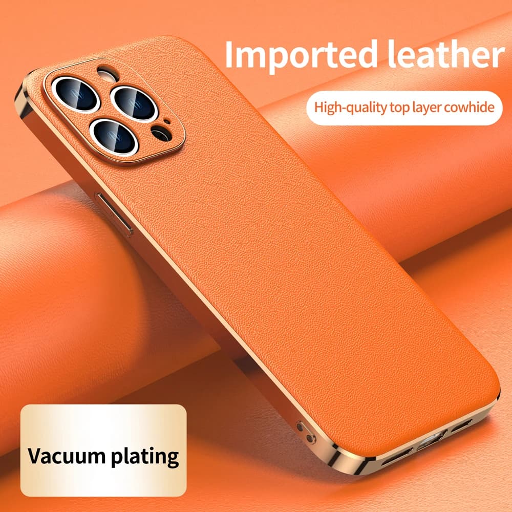 Genuine Cowhide Leather Phone Case for iPhone 17 16 15 14 12 13 Pro Max Plus Air Plating Shockproof Lens Protection Back Cover