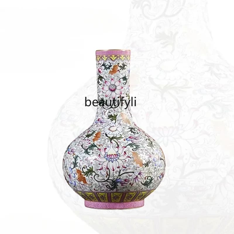 Q181  Jingdezhen Ceramic VaseDecorationLivingRoom Hand-Painted New Chinese Style Imitation Pink Bat Pattern Twine Celestial Glob