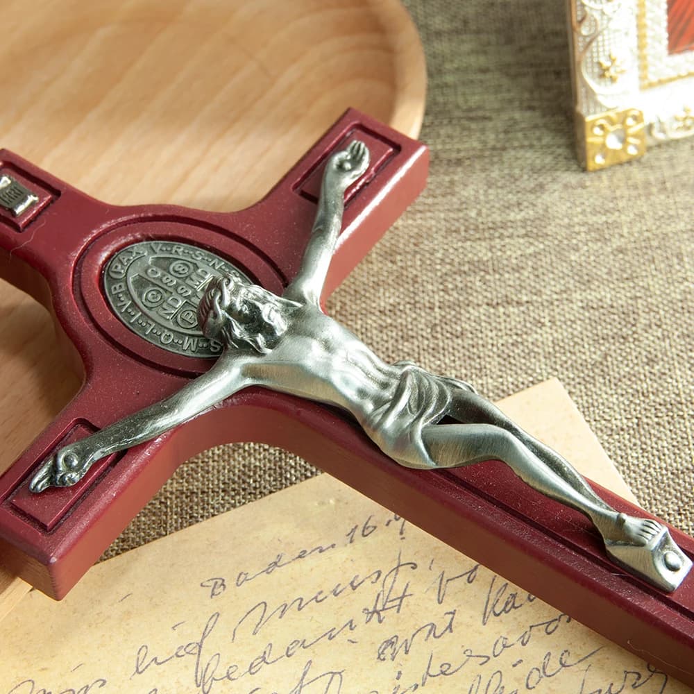 Catholic Wood Cross Jesus Crucifix St Benedict Medal 4.3Inch Religious Car Decor Home Prayer Altar Christian Box Gift Handmade
