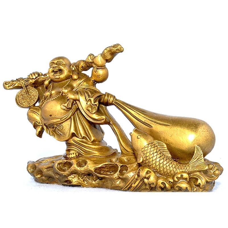 Brass Maitreya statue, Laughing Buddha ornament, monk in a cloth , large golden bag, suitable as a gift for company op