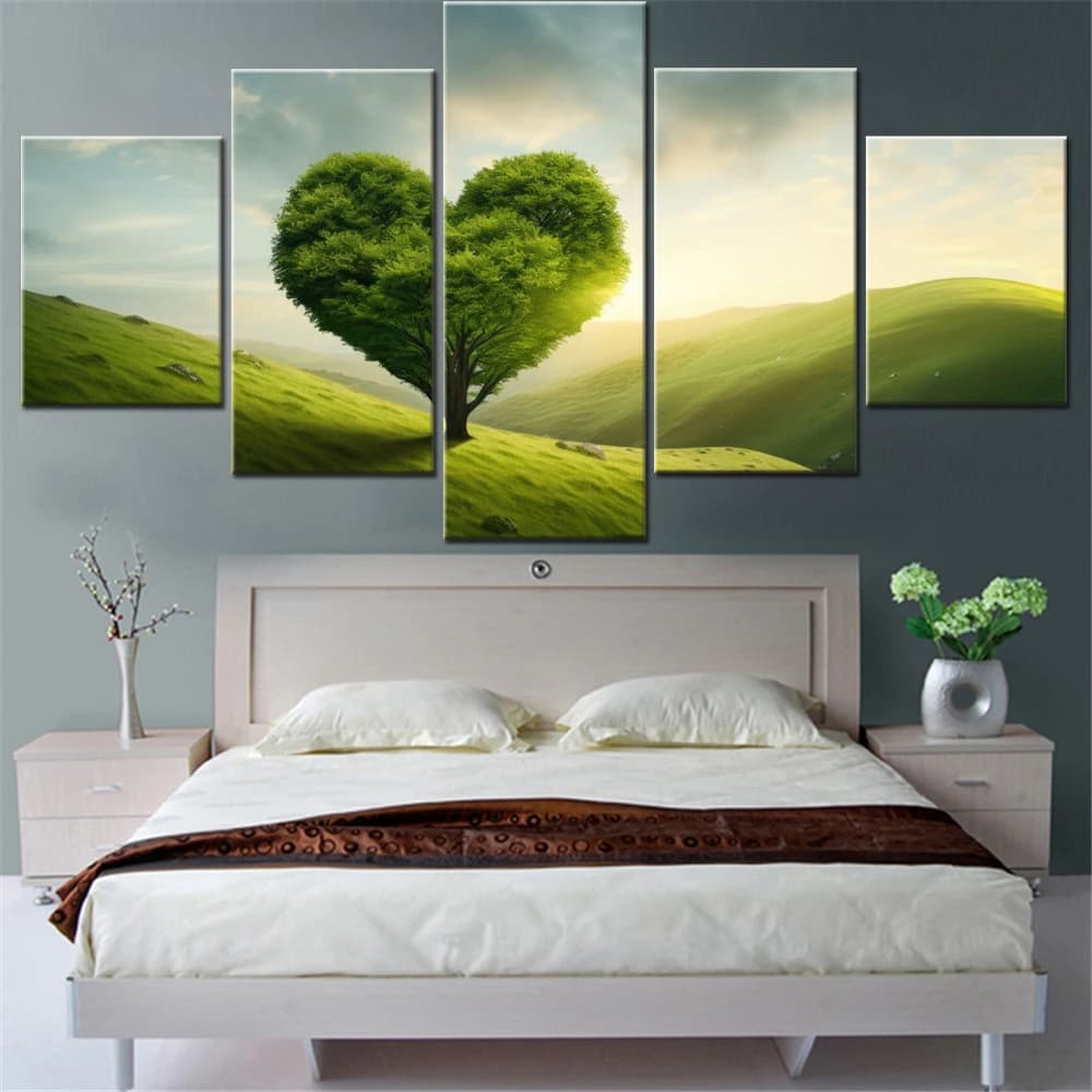 5 Pieces Canvas Wall Arts Poster Painting Love Love heart Green Tree Wallpaper Home Decor Picture Printing For Living Room