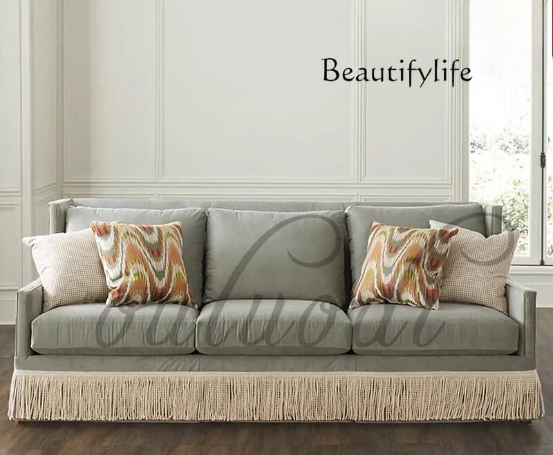 French simple fabric fringed sofa villa small apartment solid wood sofa American living room three-person straight sofa