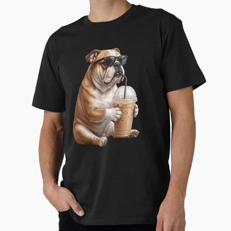 Funny Bulldog Drinking Iced Coffee Meme Graphic T-shirt for Dog Dad Unisex 100% Cotton Short Sleeve Print Tee Pet owner Gift Top