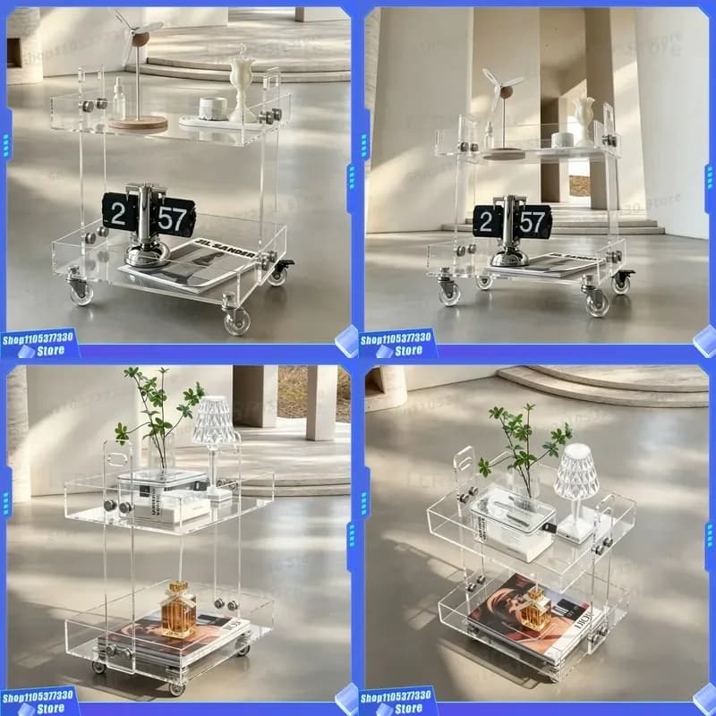 Transparent Acrylic Rolling Cart Multi Layer Side Table Modern Luxury Coffee Table Movable Bedside Storage Shelf for Living